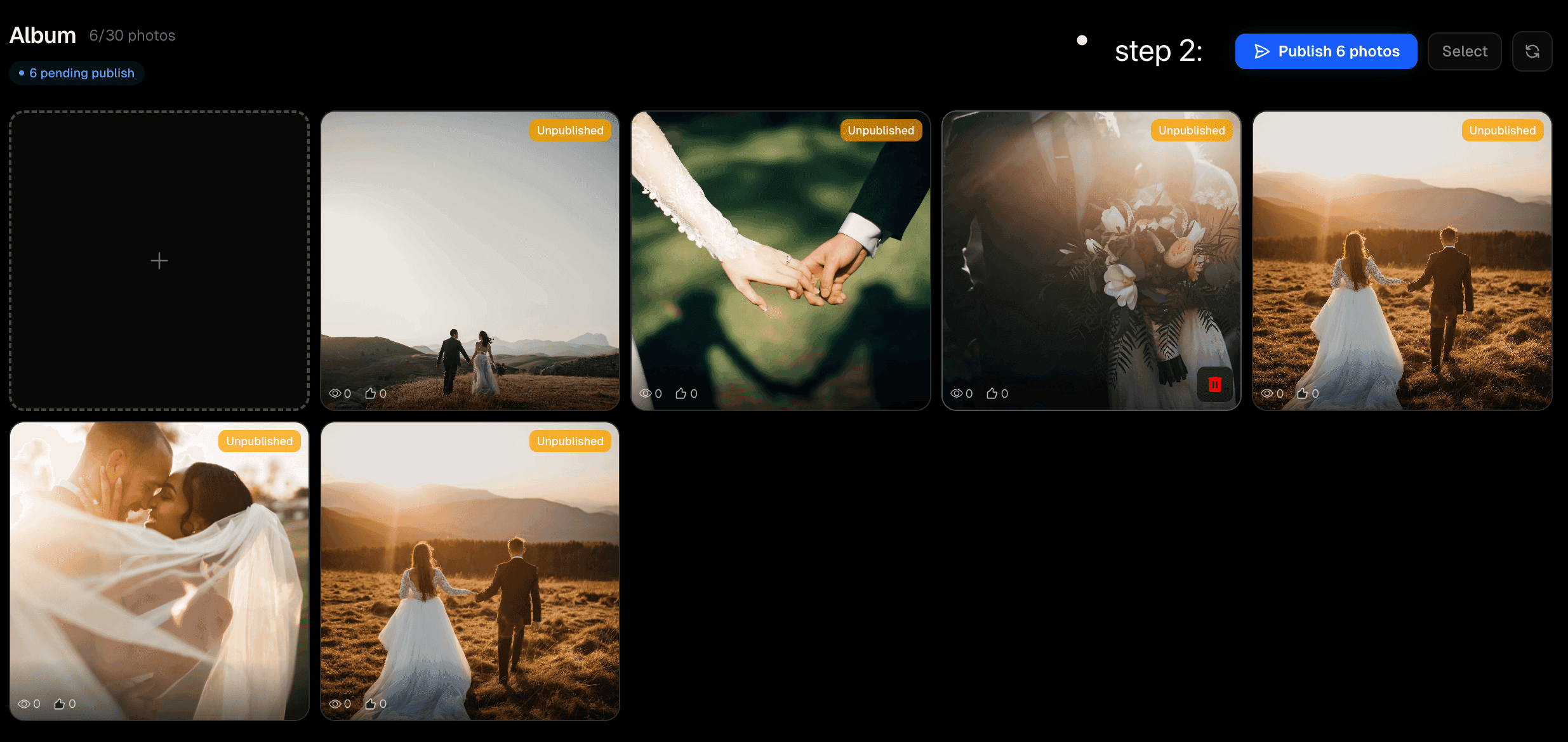 Album grid with publish button